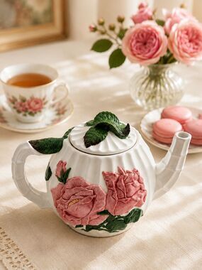Vintage Embossed Pink Rose Ceramic Teapot Leaf Lid Floral Collectible 4 Cups